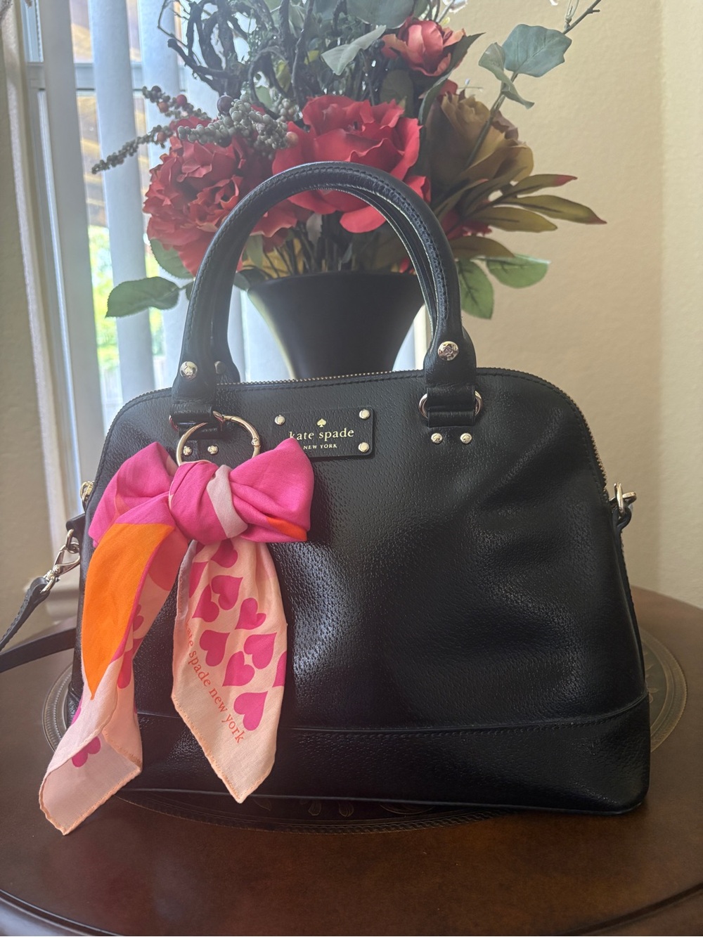 kate spade Black Leather Satchel with Pink & Orange kate spade Scarf Accent
